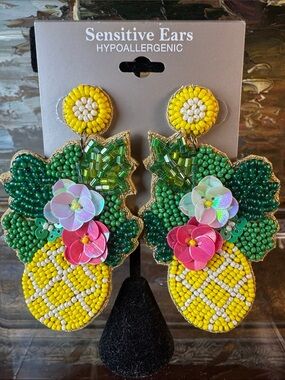 0463-mixit Hypoallergenic Yellow & Green Pineapple Beaded Statement Earrings